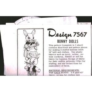 Vintage Design 7567 Bunny Dolls Stuffed Animal Sewing Pattern 14 Inch Plush Toy